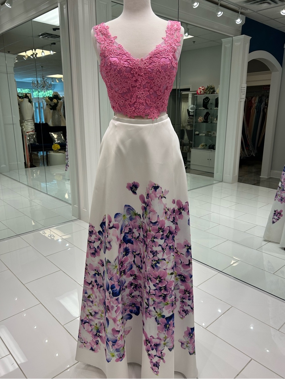 Forever Unique Pink Lace Crop Top with White Floral A-Line Skirt